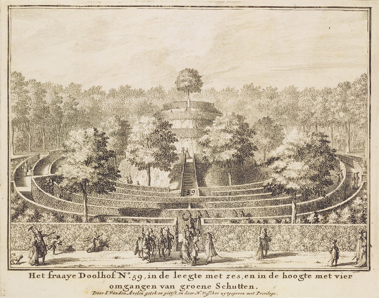 Formschnitt-Labyrinth mit vier Ausgängen und einem zentralen Hügel, graviert von Johannes Van den Aveele von Nicolaes Jansz Visscher