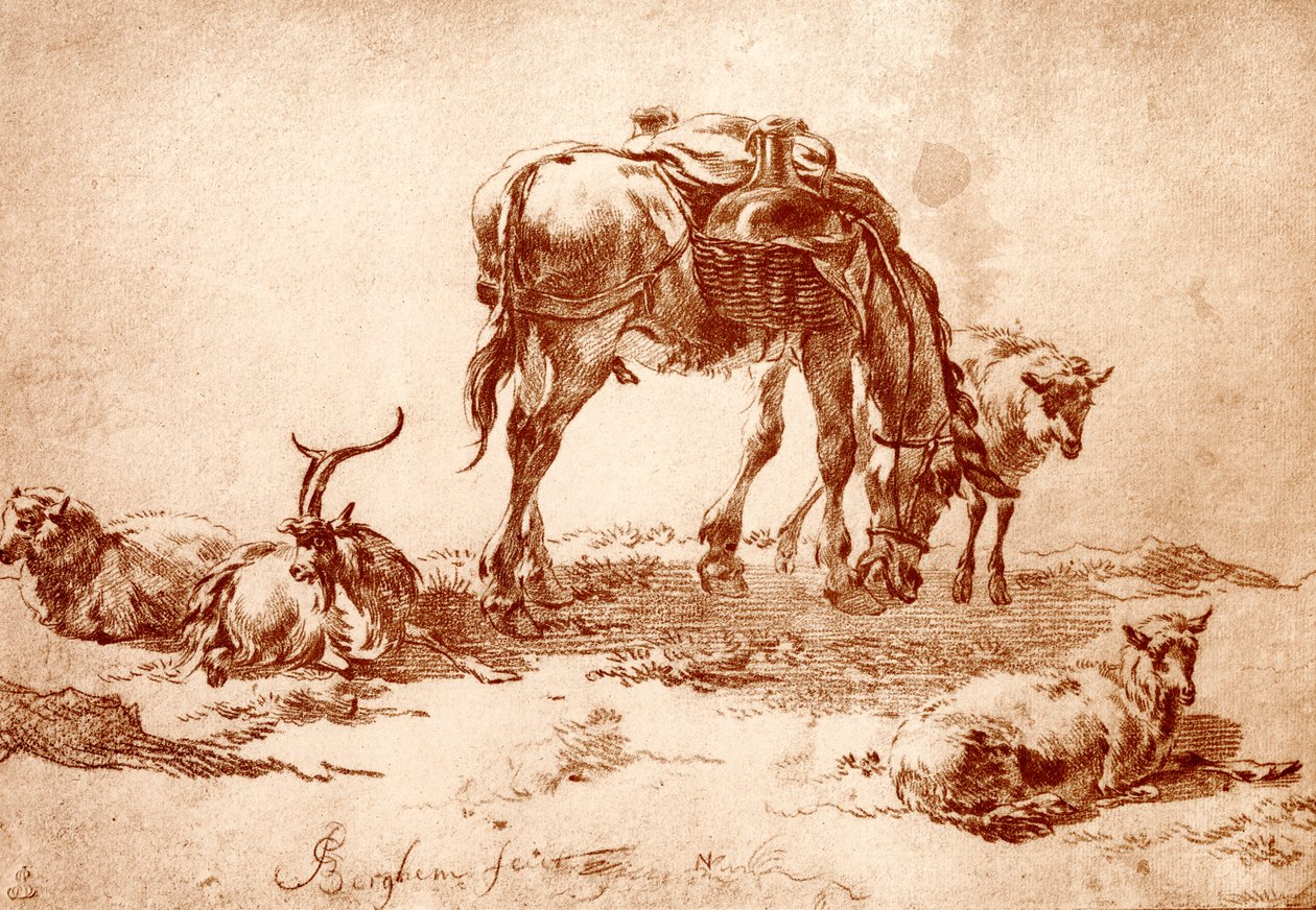 Weide mit Esel, Ziege und Schaf von Nicolaes Pietersz. Berchem