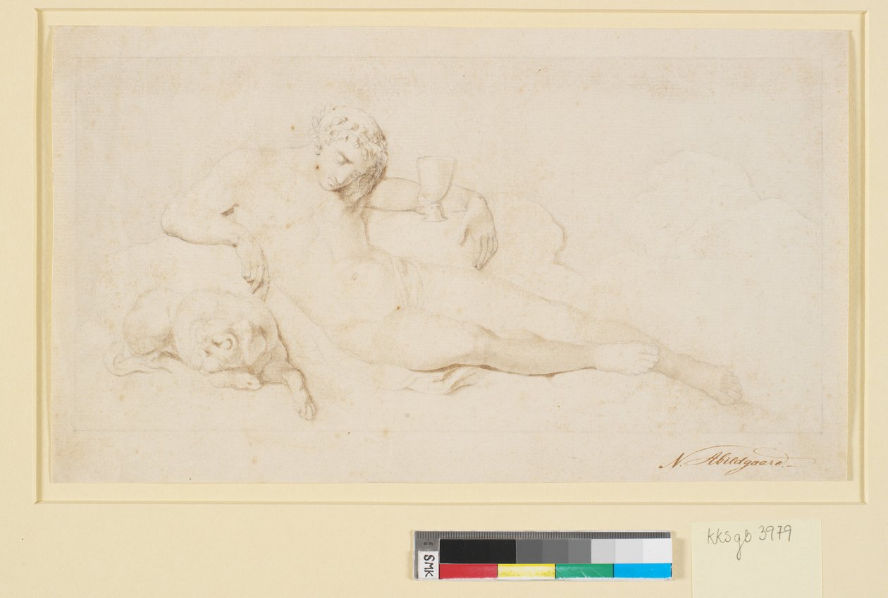 Der Schlaf, eine liegende Männerfigur mit schlafendem Hund von Nicolai Abildgaard