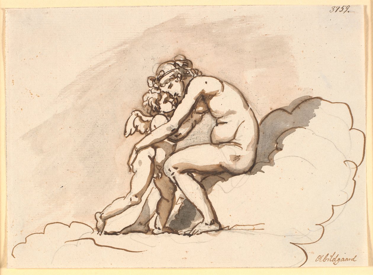 Venus, sitzend in den Wolken, umarmt Amor von Nicolai Abildgaard