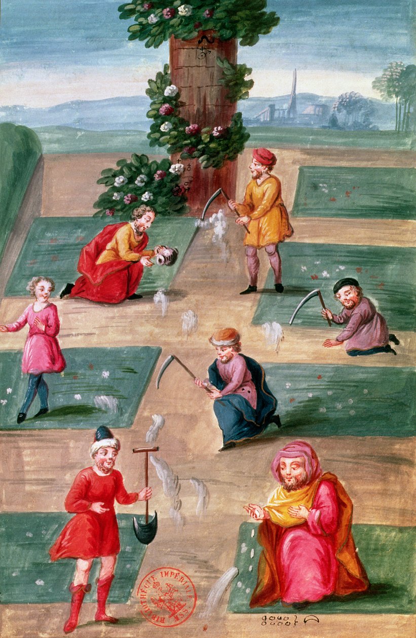 Ms Fr. 14765 f.42-43 Französische Alchemisten auf der Suche nach materiellem Gold, angeblich geschrieben von Nicolas Flamel (ca. 1330-1418) von Nicolas Flamel