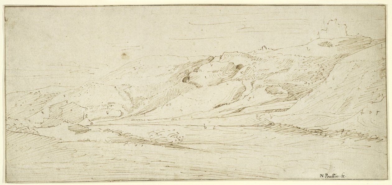 Gebirgige Landschaft mit zwei Häusern von Nicolas Poussin