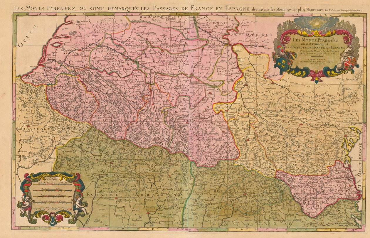 Pyrenäen und internationale Grenze zwischen Frankreich und Spanien mit den Gebirgspässen zwischen den beiden Ländern von Nicolas Sanson