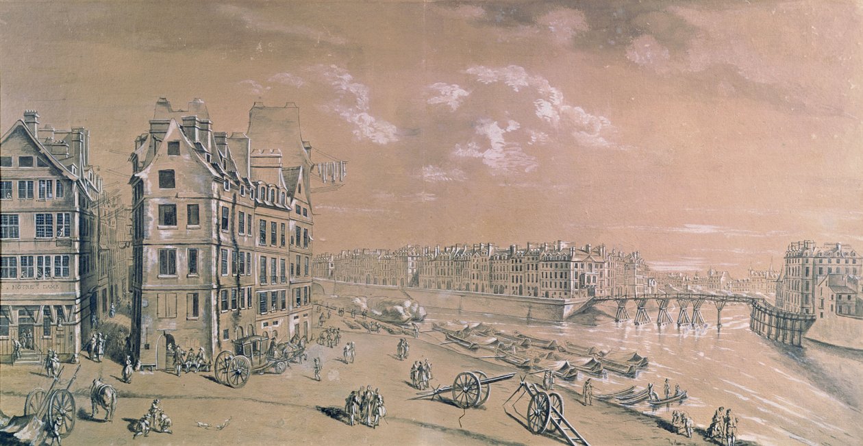 Die Île Saint-Louis und die Kornlager von der Place de Grève, ca. 1757 von Nicolas Raguenet