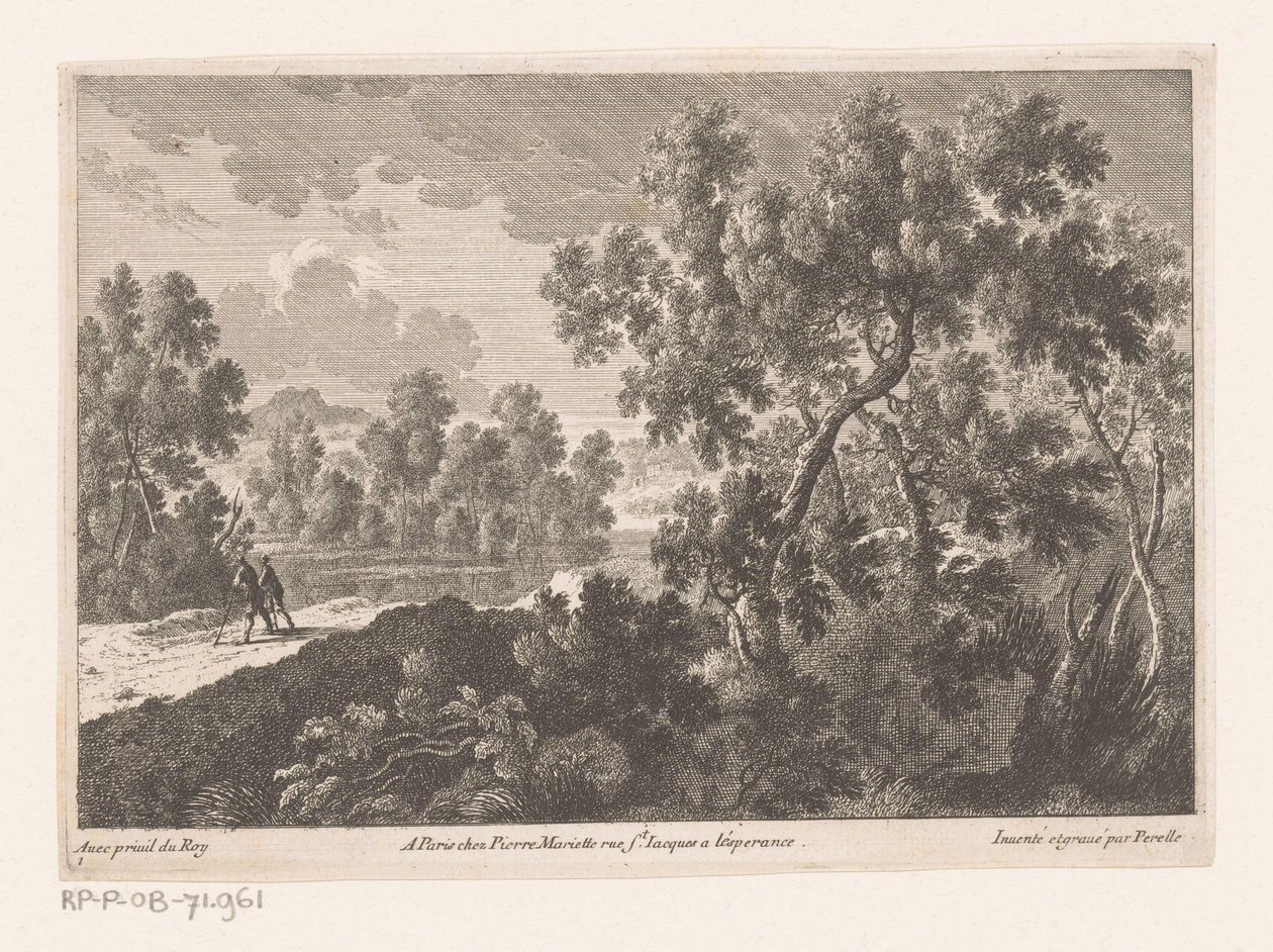 Waldlandschaft mit Spaziergängern am Wasser von Nicolas Perelle