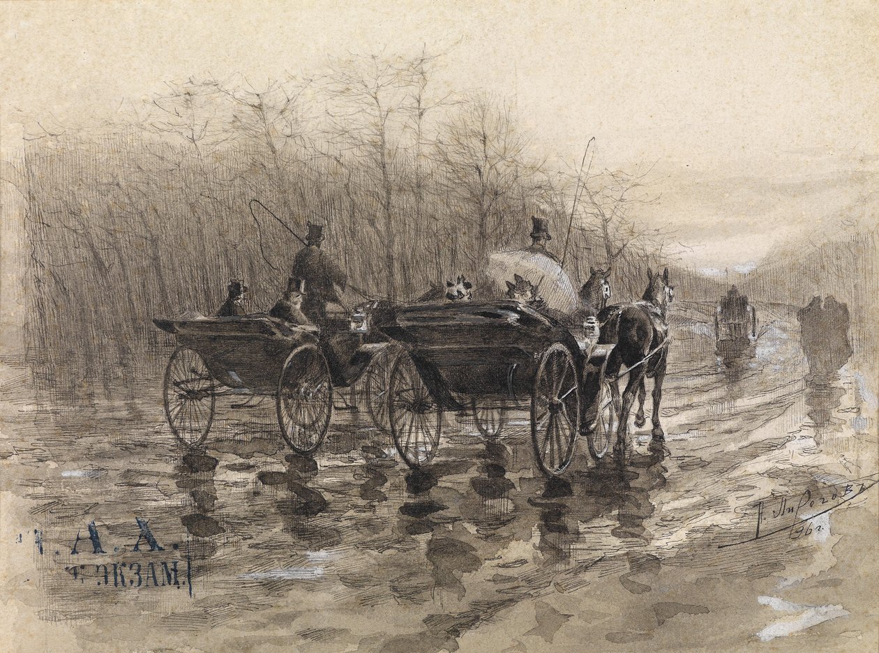 Zwei Kutschen auf der Straße im Frühling von Nikolai Vasilevich Pirogov