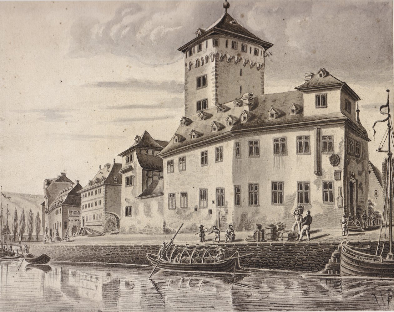 Burg - Rheinfront der Kurfürstlichen Burg von Boppard um 1854 von Nikolaus Schlad