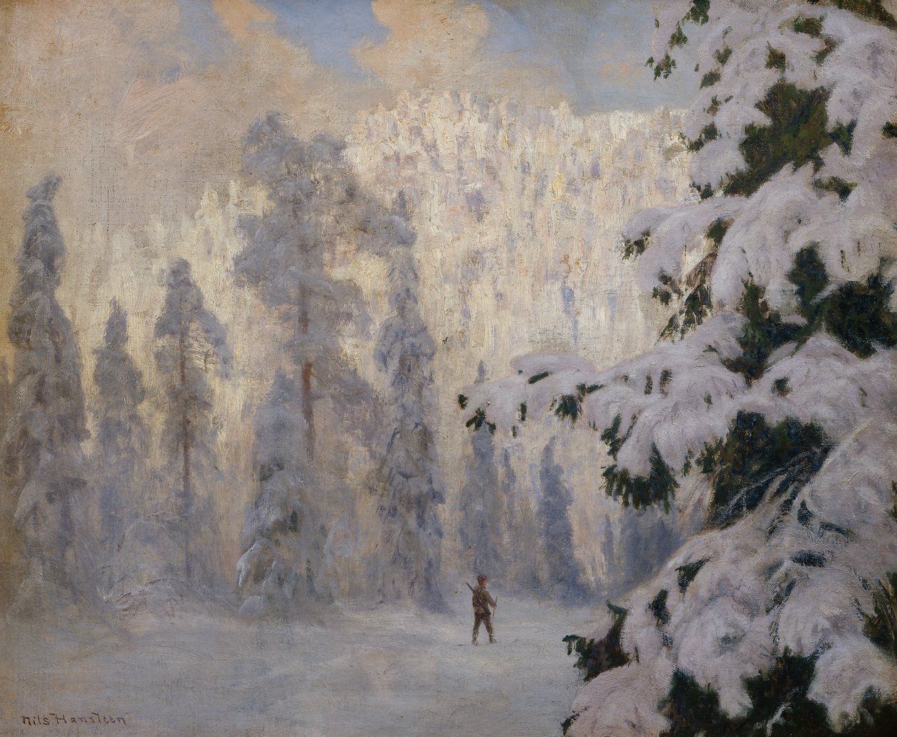 Jäger beim Skifahren in Winterlandschaft von Nils Hansteen