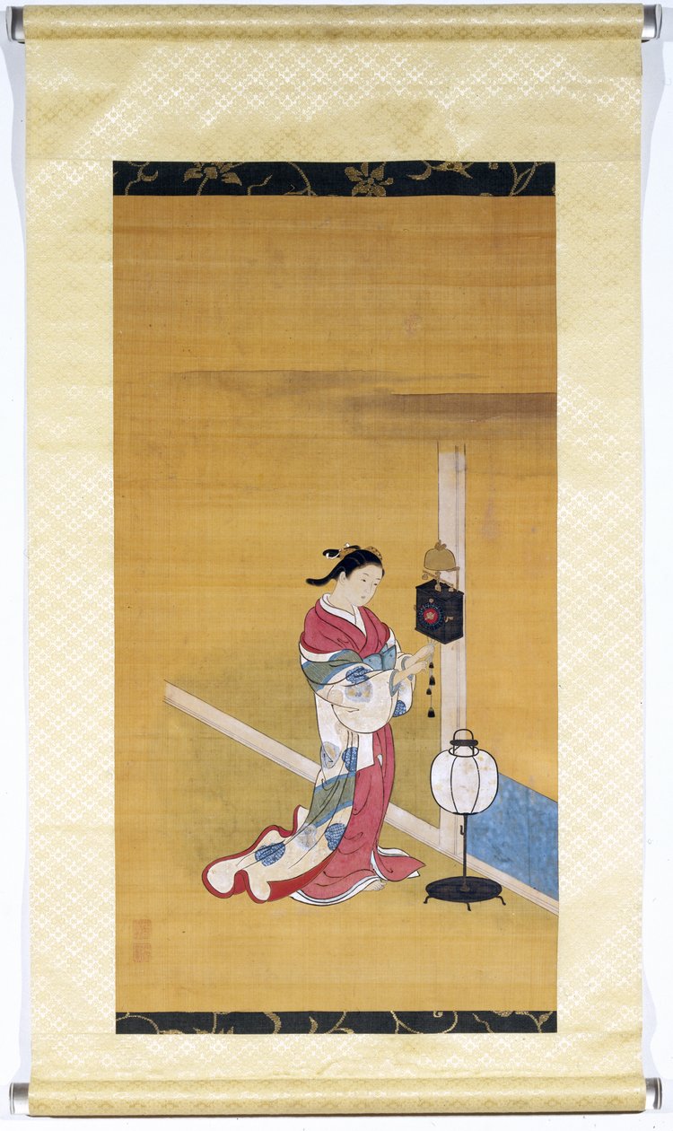 Japanische Frau, die eine Wanduhr aufzieht, Edo-Periode (1600-1868), 1700-50 von Nishikawa Sukenobu