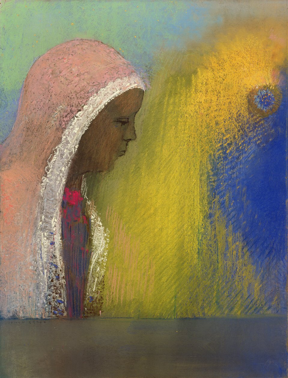 Porträt einer Frau in einem rosa Schleier, 1885 von Odilon Redon