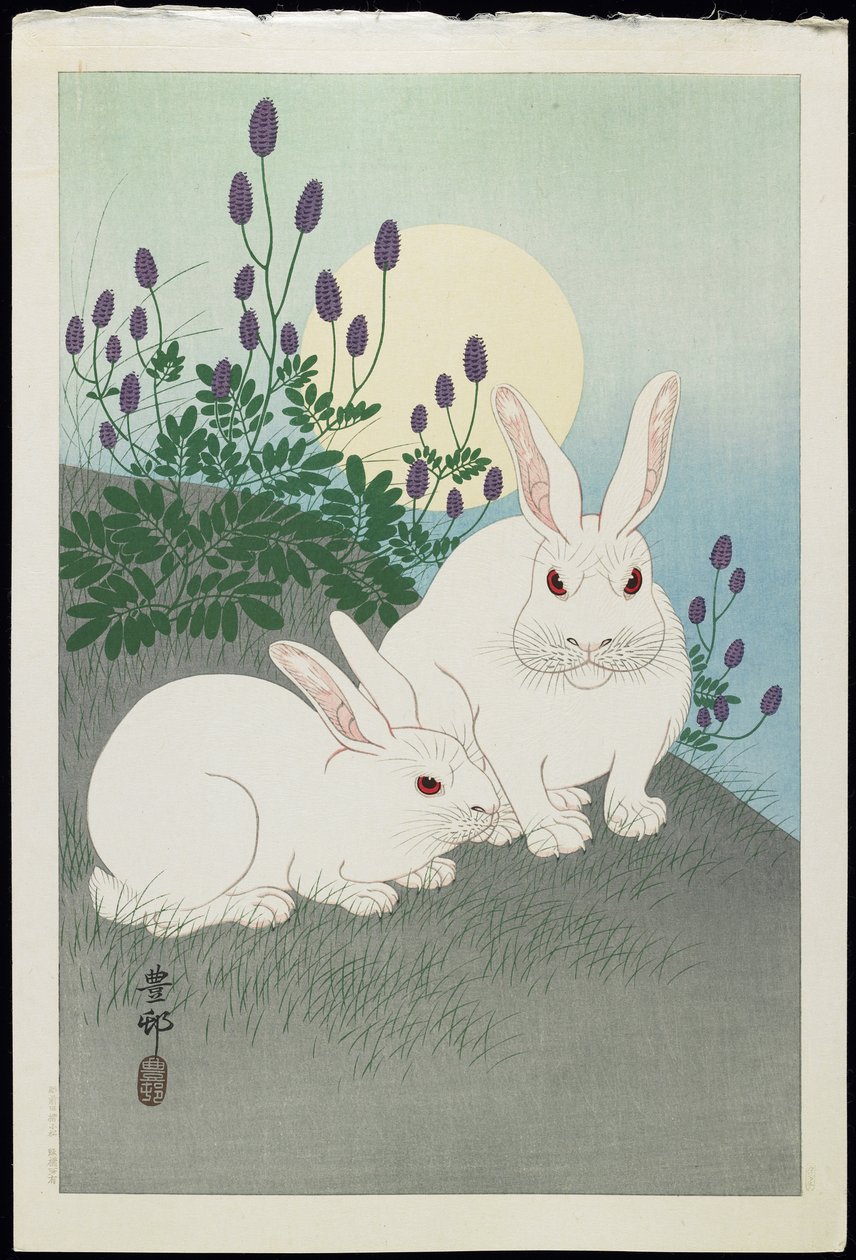 Zwei weiße Kaninchen unter einem Vollmond, 1930er Jahre von Ohara Koson