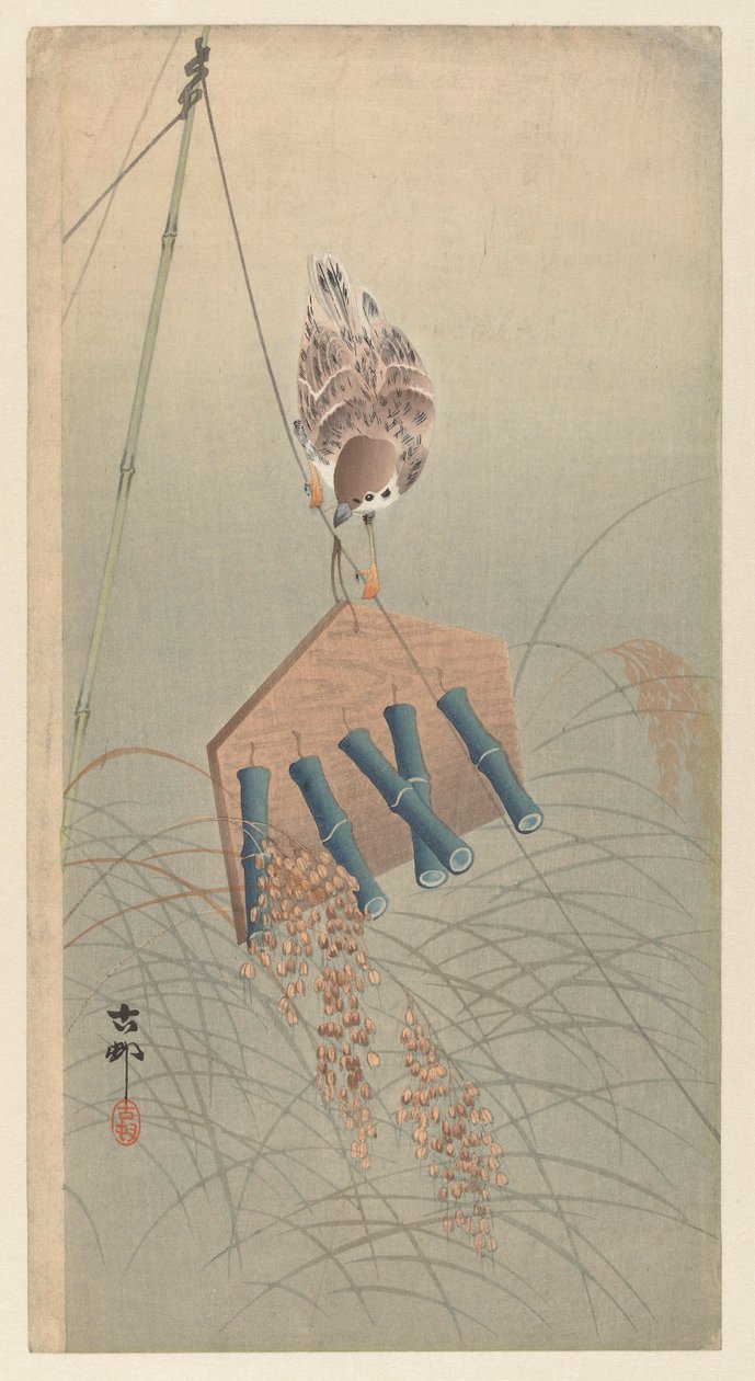 Spatz auf Vogelscheuche von Ohara Koson