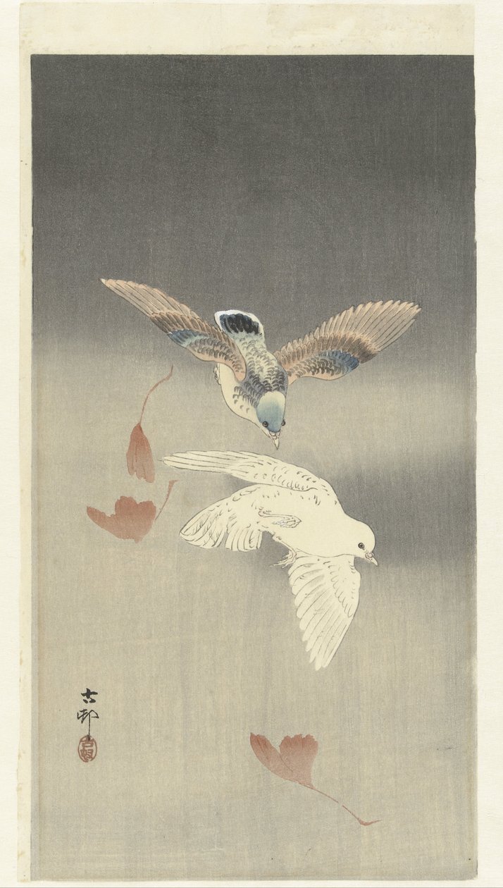 Zwei Tauben bei fallenden Ginkgo-Blättern von Ohara Koson