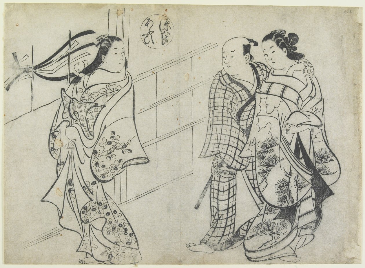 Zwei Frauen und ein Mann als Mitate der Aoi-Geschichte aus dem Genji-Monogatari, frühes 18. Jahrhundert von Okumura Masanobu