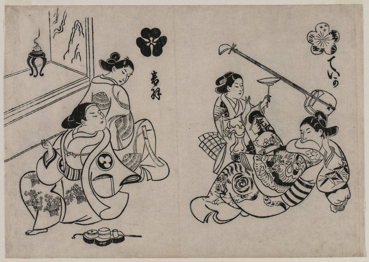 Drei Kurtisanen mit einem Kunden von Okumura Masanobu