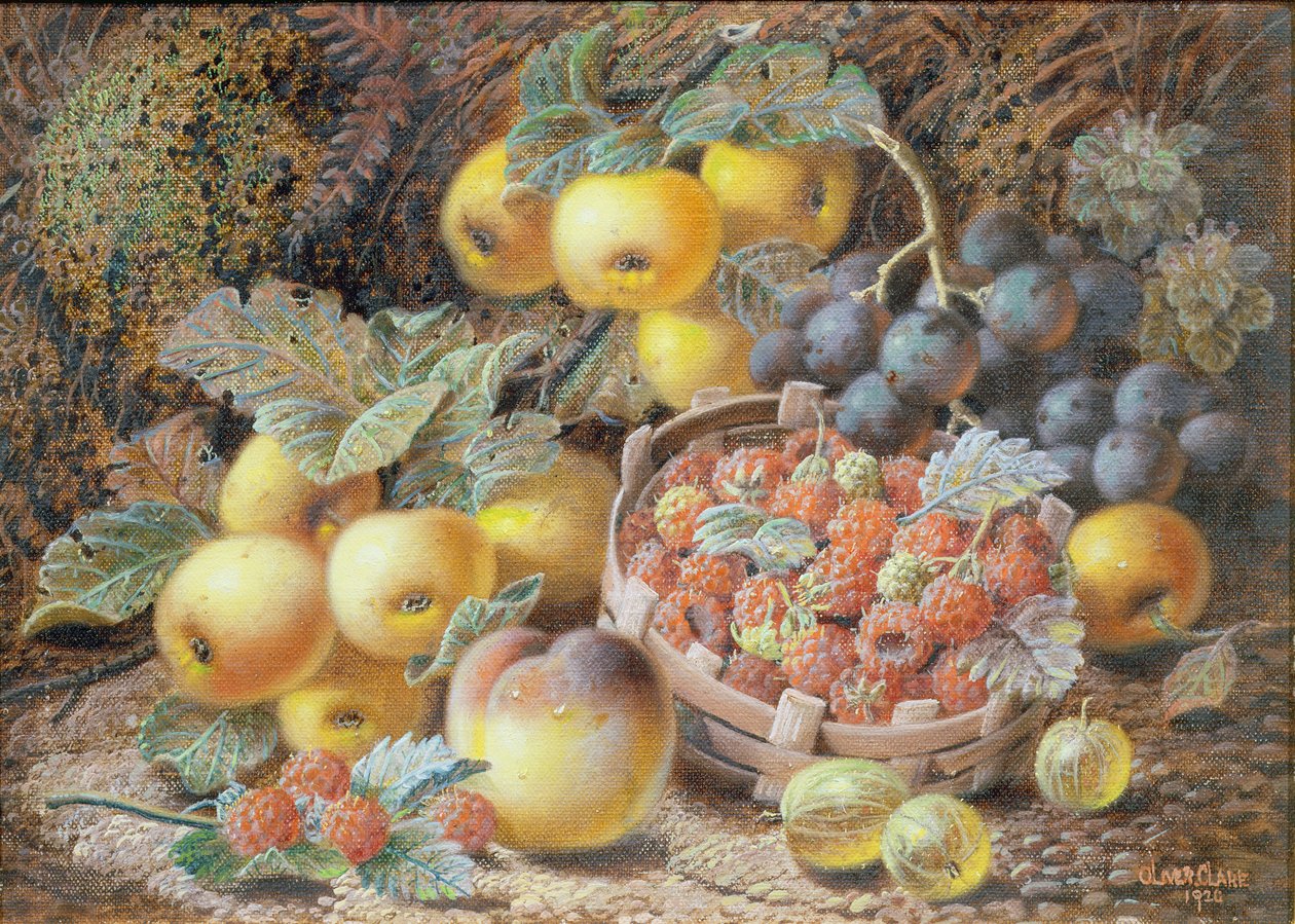 Stillleben mit Äpfeln, Trauben, Himbeeren, Stachelbeeren und Pfirsich von Oliver Clare
