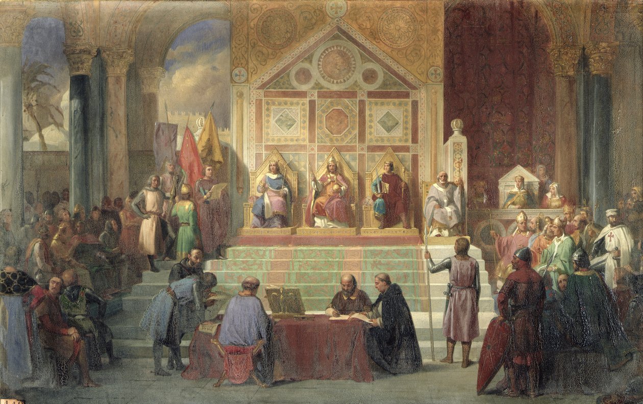 St. Ludwig (1214-70) König von Frankreich empfängt Robert Patriarch von Jerusalem in Damiette im Jahr 1249, 1846 von Oscar Gue
