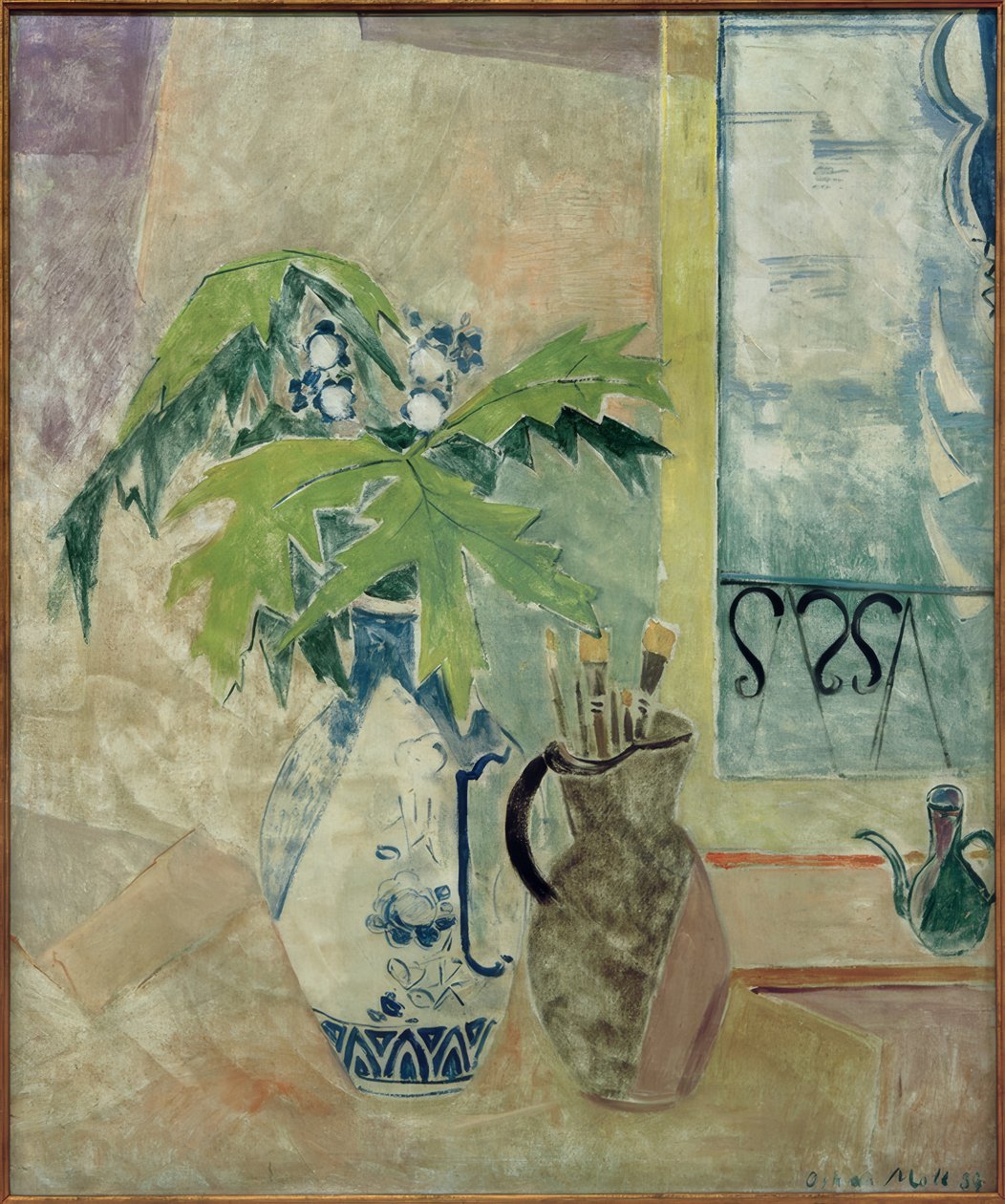Vase mit Zweigen und Krug mit Pinseln von Oskar Moll