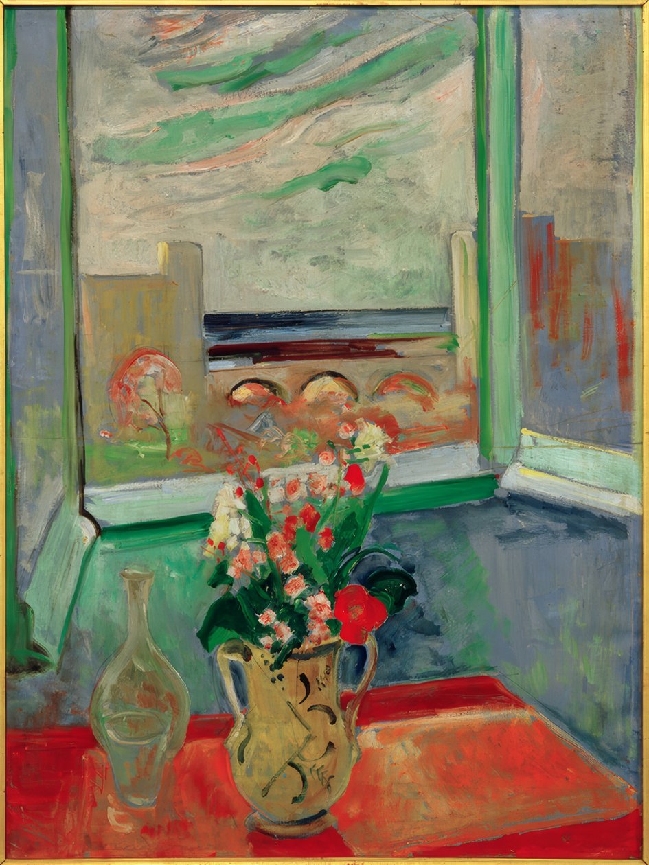 Levanto I: Blumenstrauß am Fenster mit Brücke von Oskar Moll