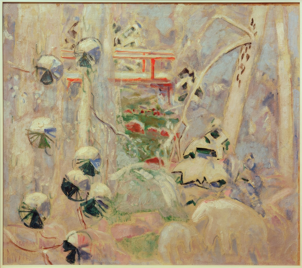 Schneelandschaft mit roter Brücke von Oskar Moll
