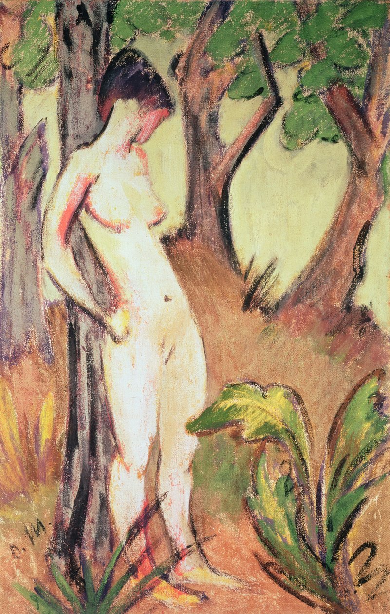 Nackte Frau steht an einem Baum von Otto Mueller
