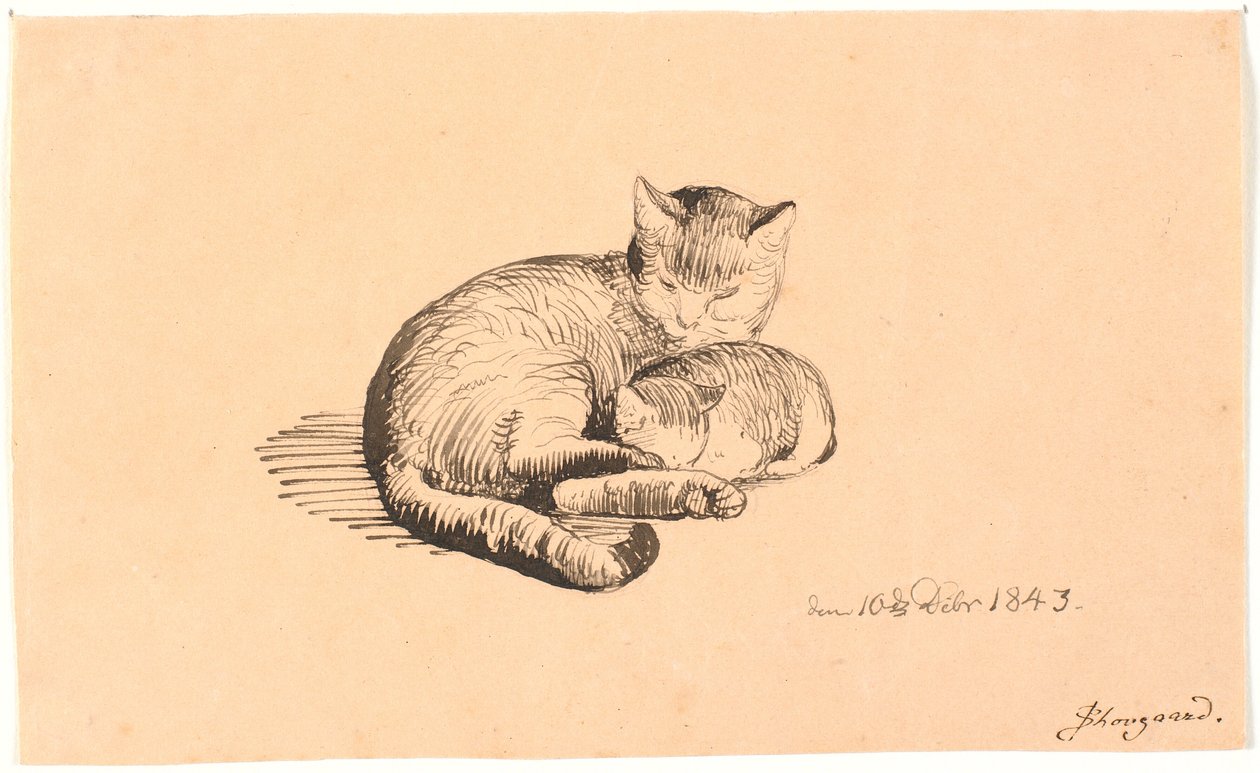 Liegende Katze mit ihrem Kätzchen von P.C. Skovgaard