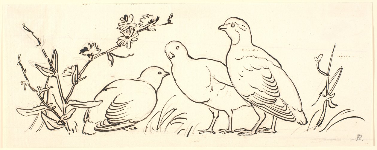 Drei Rebhühner. Dekoratives Entwurf von P.C. Skovgaard