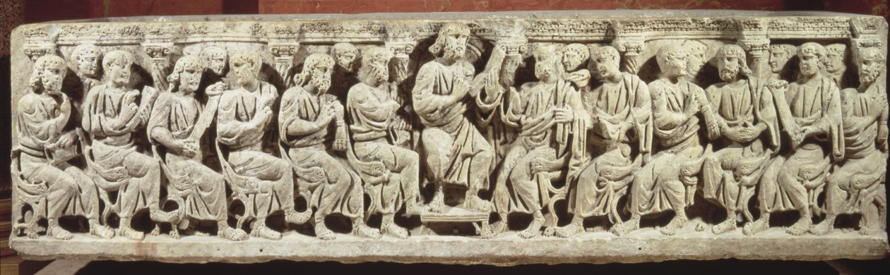 Christus sitzend und lehrend, umgeben von den Aposteln, christlicher Marmorsarkophag, erworben von der Kirche von Rignieux-le-Franc, Ende des 4. Jahrhunderts n. Chr. von Paleo Christian