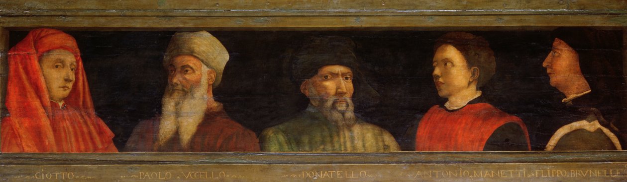 Porträts von Giotto (ca. 1266-1337) Uccello, Donatello (ca. 1386-1466) Manetti (ca. 1405-60) und Brunelleschi (1377-1446) von Paolo Uccello