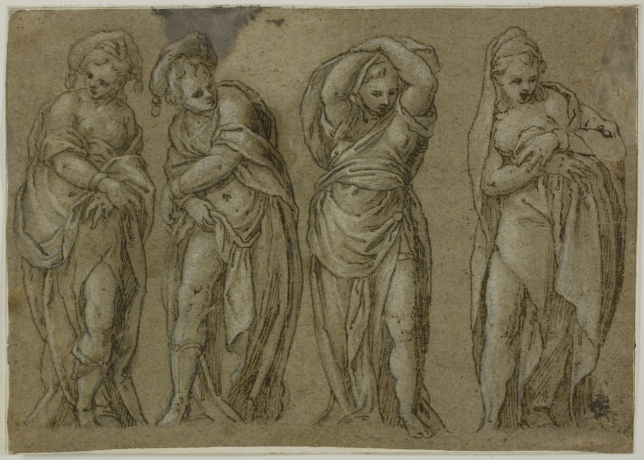 Vier stehende, drapierte weibliche Figuren von Paolo Farinati