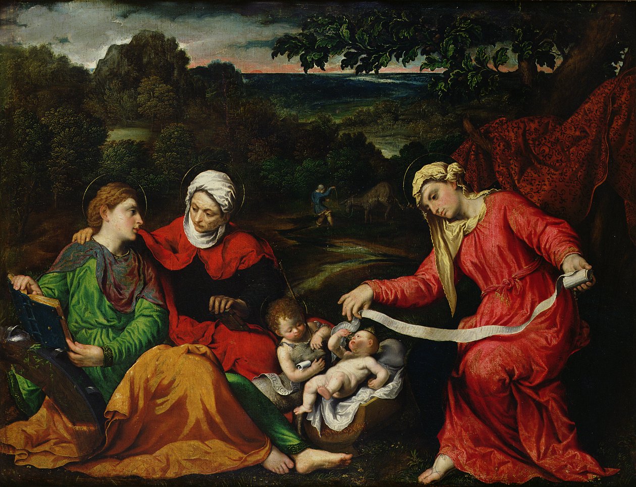 Ruhe auf der Flucht nach Ägypten mit Johannes dem Täufer, St. Elisabeth und St. Katharina, ca. 1545 von Paris Bordone
