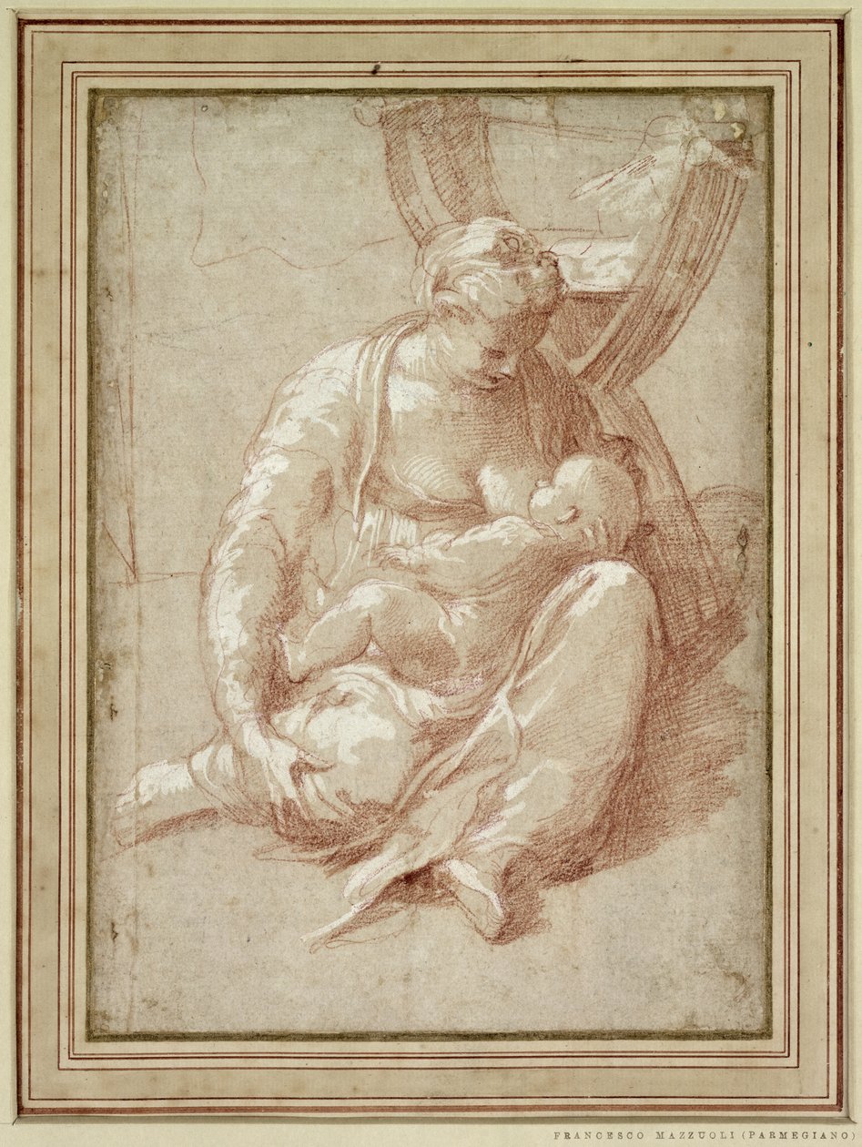 Jungfrau, die das Kind auf dem Boden sitzend stillt von Parmigianino