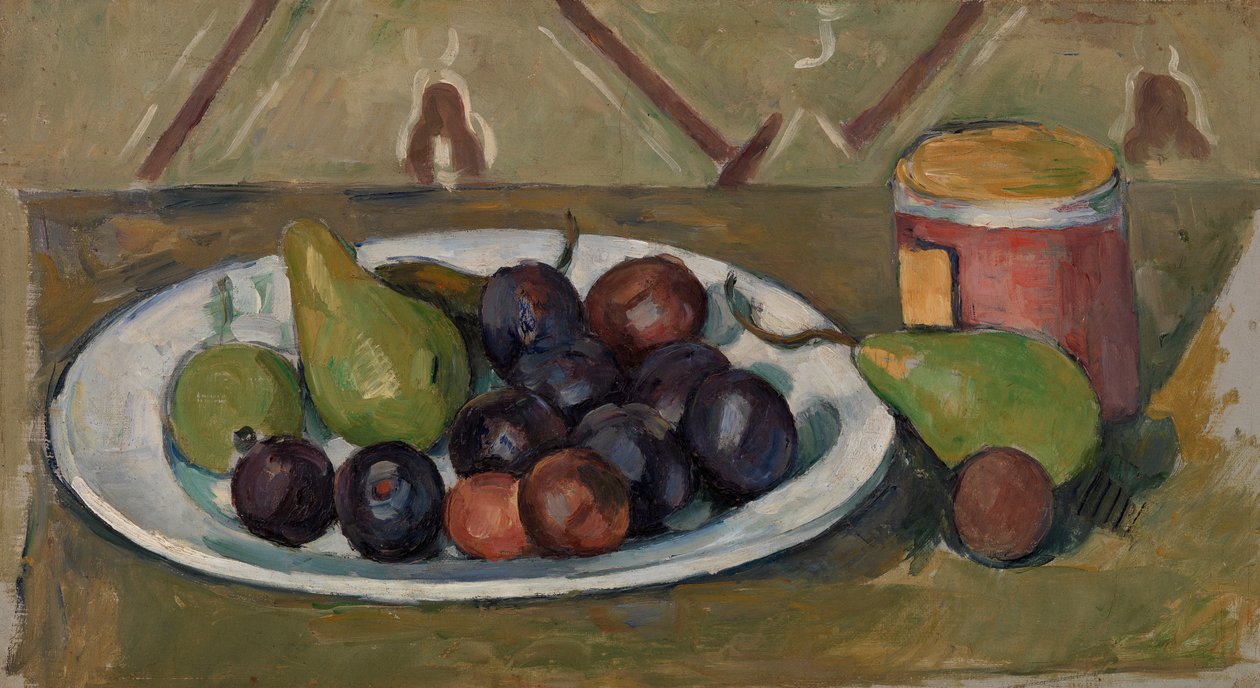 Teller mit Früchten und Topf mit Konfitüre, 1880-81 von Paul Cézanne