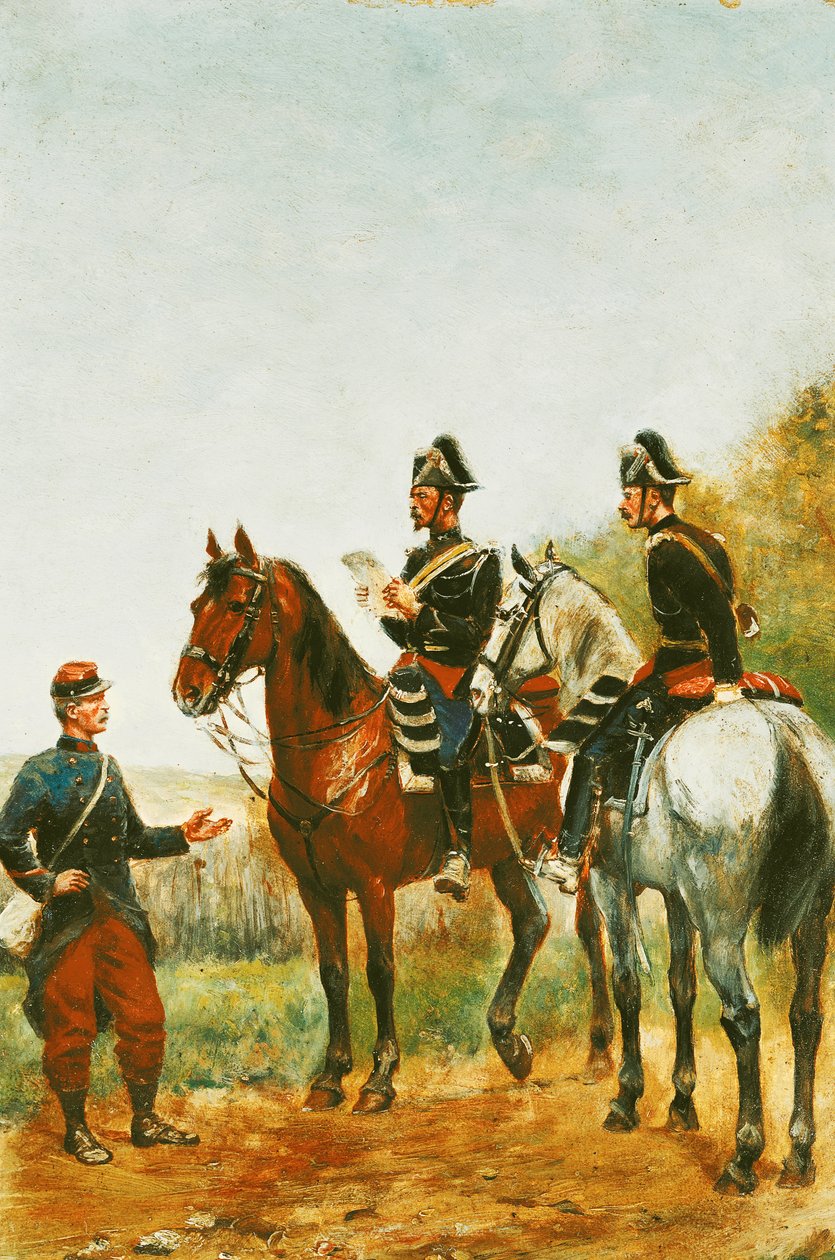 Polizeibeamte auf Inspektionstour überprüfen einen Soldaten im Jahr 1885 von Paul Emile Leon Perboyre
