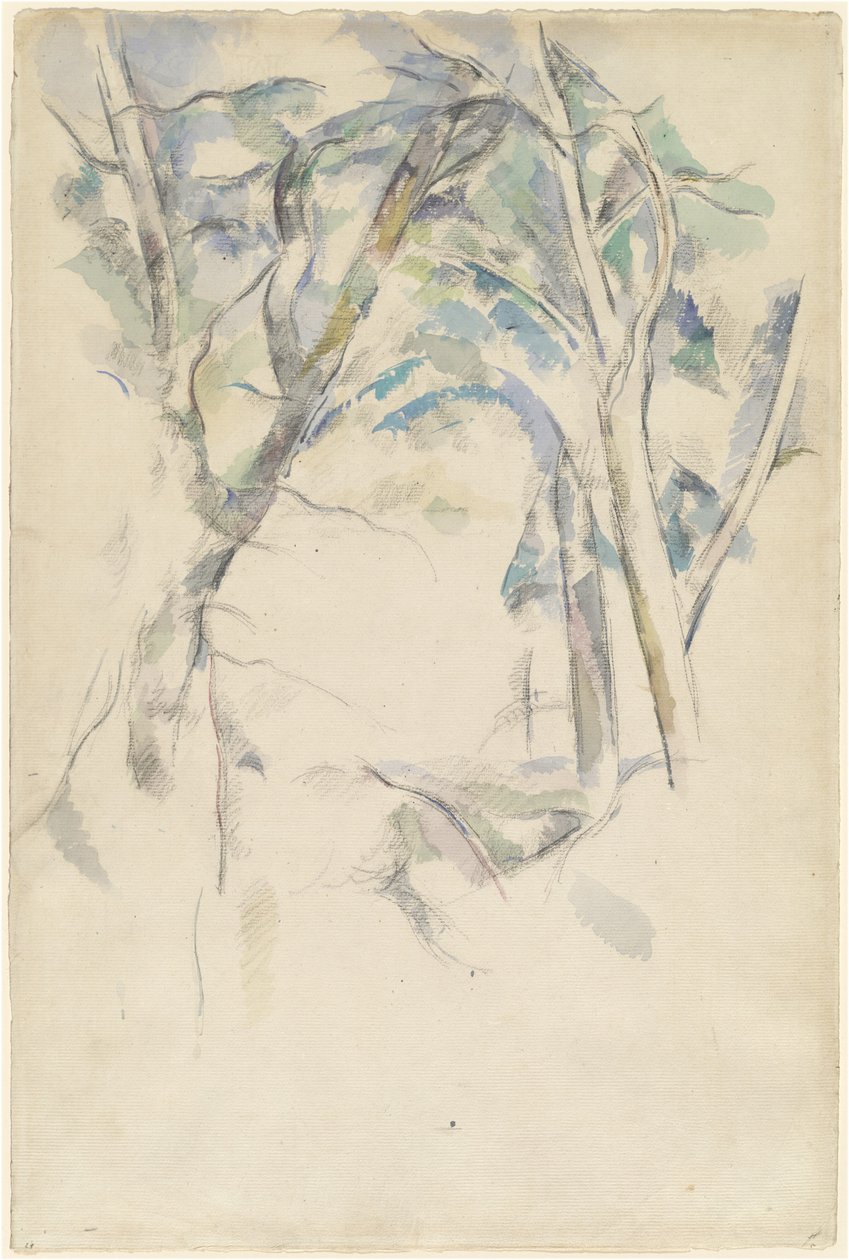 Bäume über Felsen geneigt von Paul Cézanne