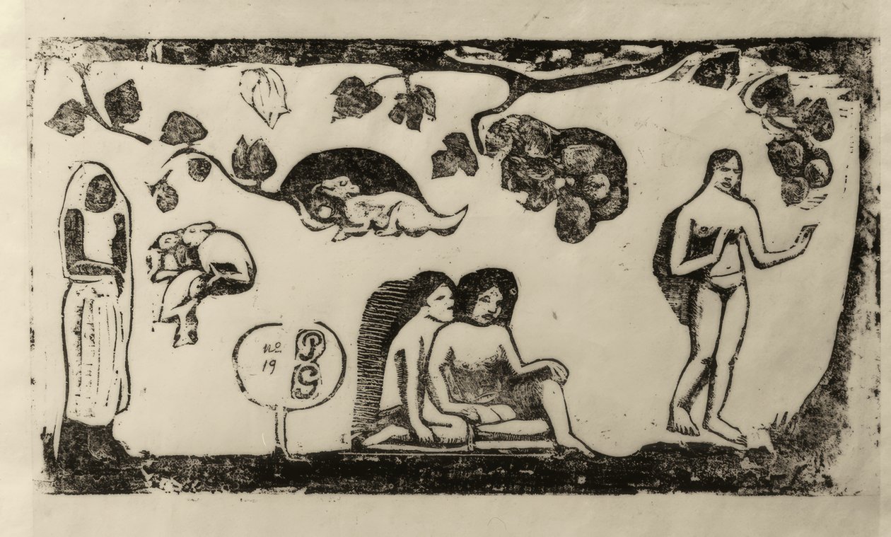 Frauen, Tiere und Laub von Paul Gauguin