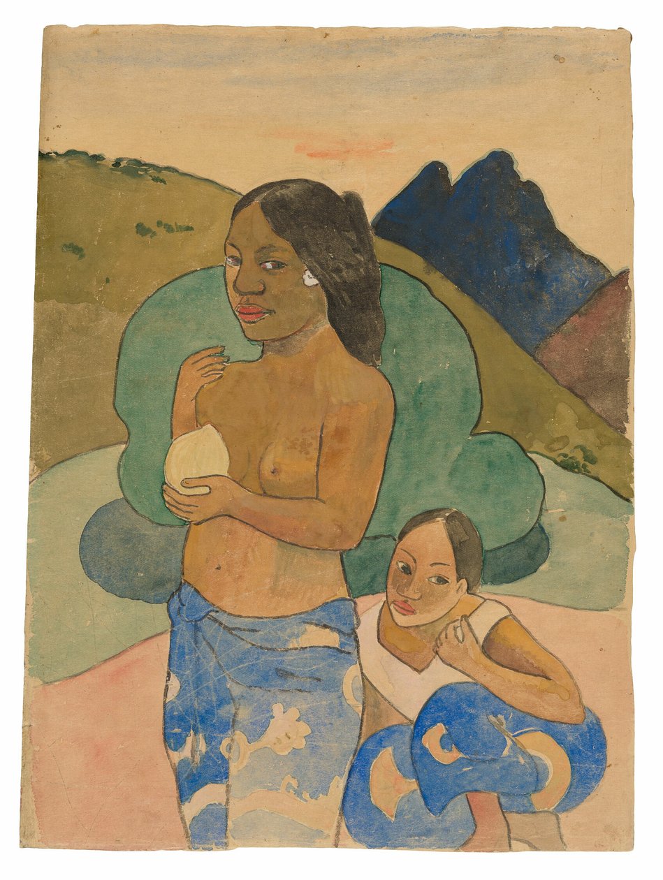 Zwei tahitianische Frauen in einer Landschaft von Paul Gauguin