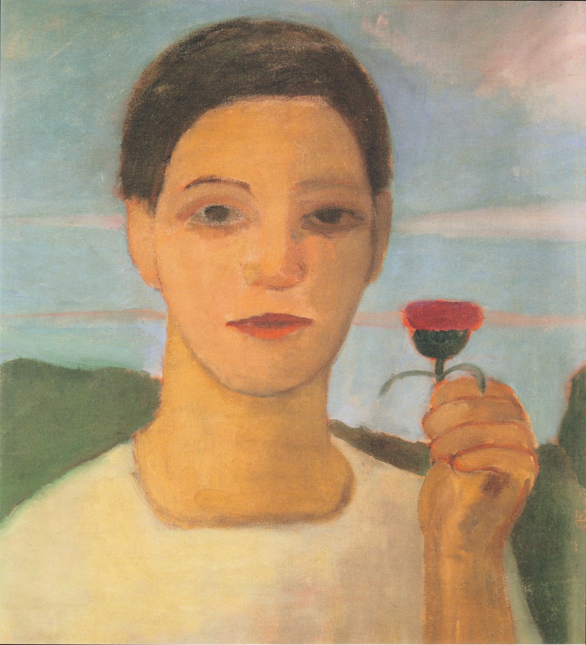 Bildnis der Schwester Herma mit Artischockenblüte in der erhobenen Hand von Paula Modersohn Becker