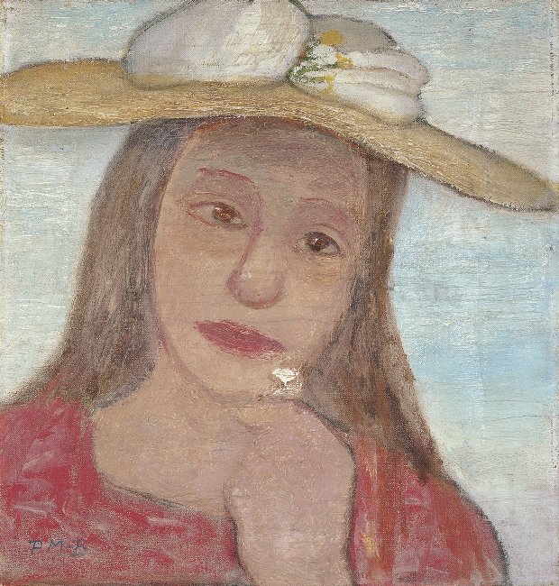 Kopf eines jungen Mädchens mit Strohhut und Blume in der erhobenen Hand von Paula Modersohn Becker