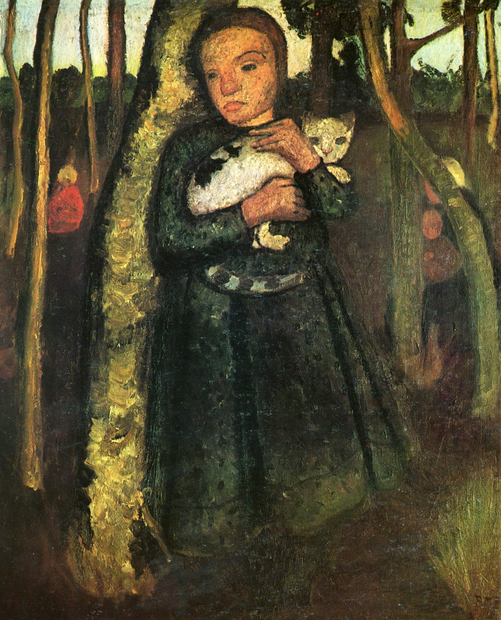 Mädchen mit Katze im Birkenwald von Paula Modersohn Becker
