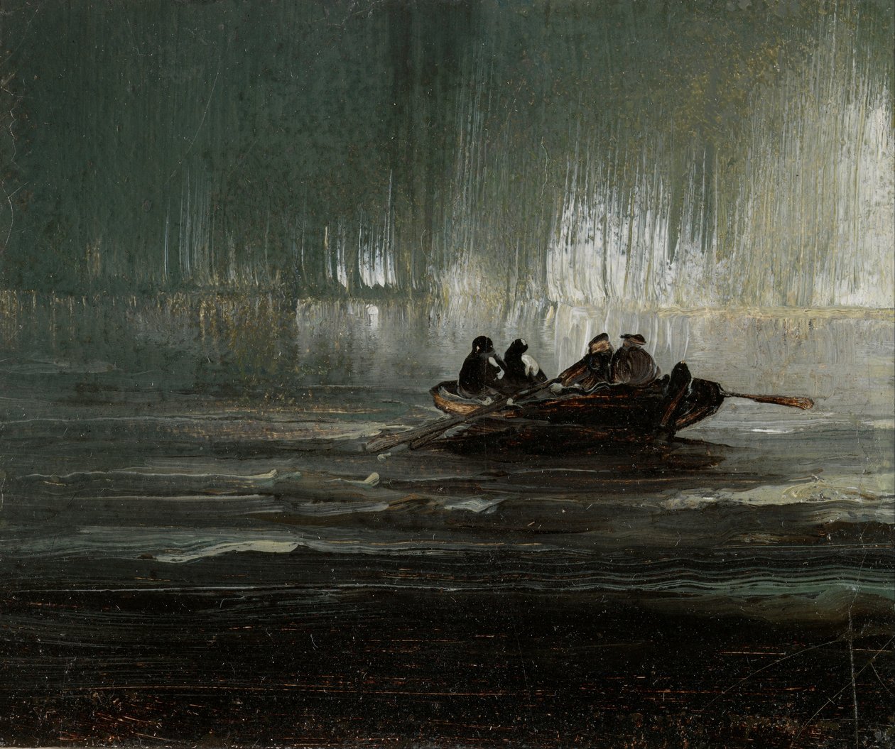 Nordlicht über vier Männer in einem Ruderboot von Peder Balke