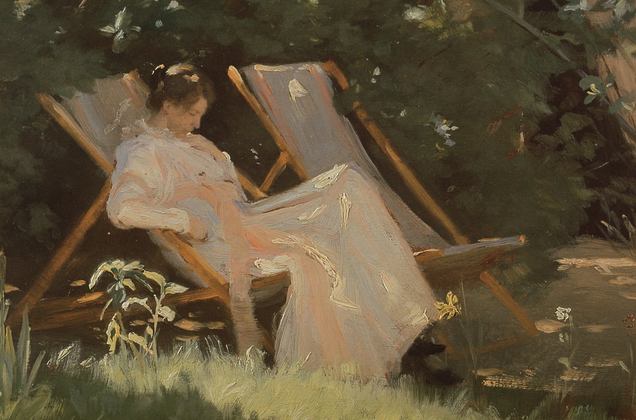 Die Frau des Künstlers sitzt in einem Gartenstuhl in Skagen, 1893 von Peder Severin Krøyer