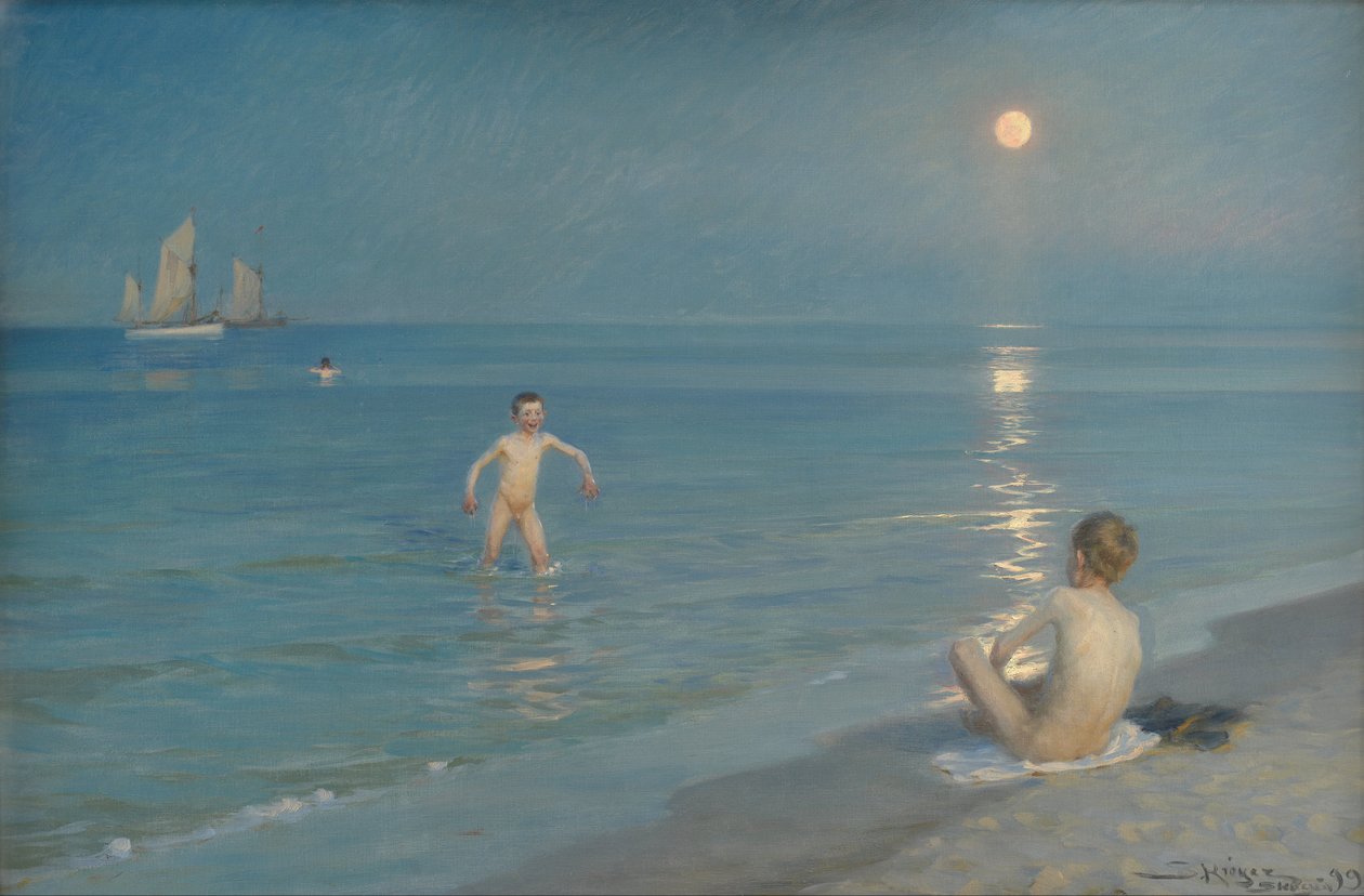 Jungen baden in Skagen. Sommerabend von Peder Severin Krøyer