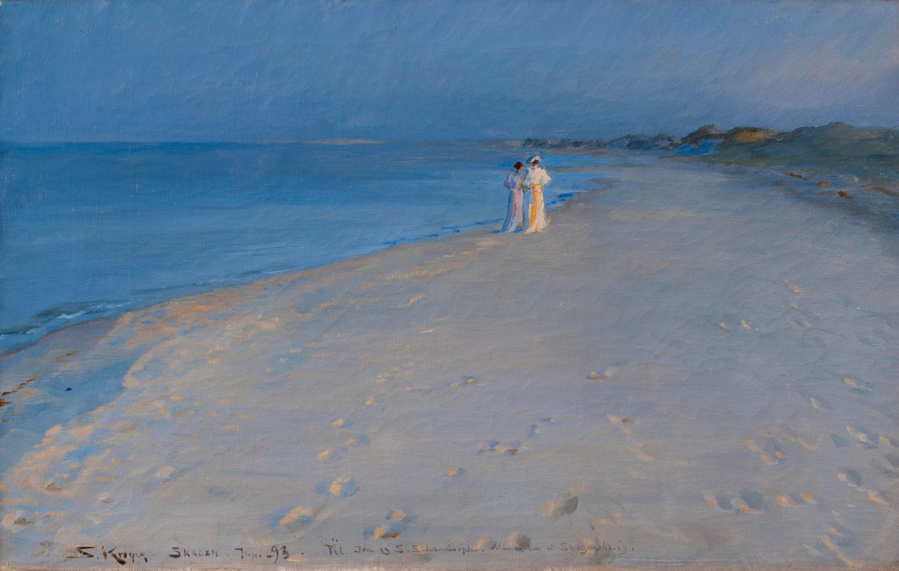 Sommerabend am Südstrand, Skagen. Anna Acher und Marie Krøyer von Peder Severin Krøyer