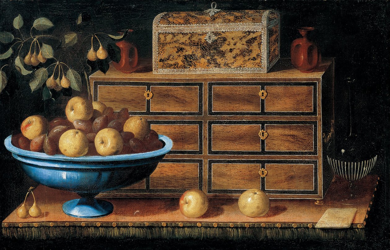 Schreibtisch mit einer kleinen Truhe und einer Obstschale von Pedro de Camprobín