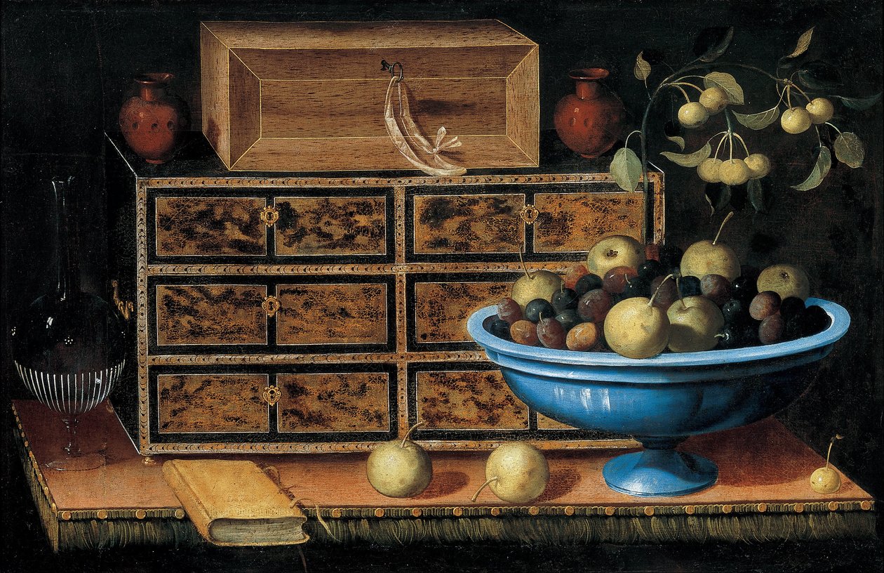 Schreibtisch mit einer kleinen Truhe und einer Obstschale von Pedro de Camprobín