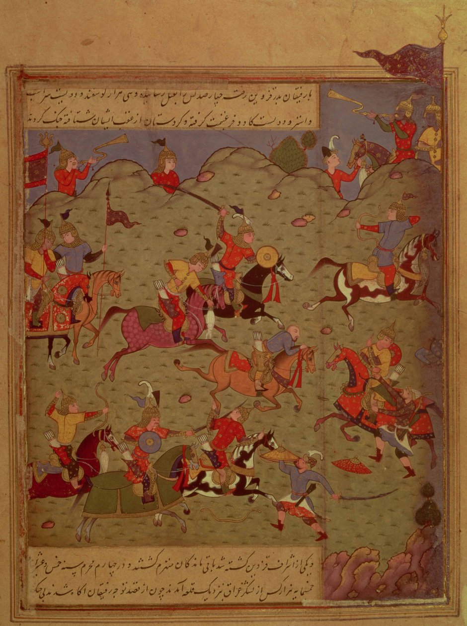 Codrington MS (Nr. 249A). Eine Kampfszene, aus dem Iskandar-nama von Nizami, um 1525 von Persian School