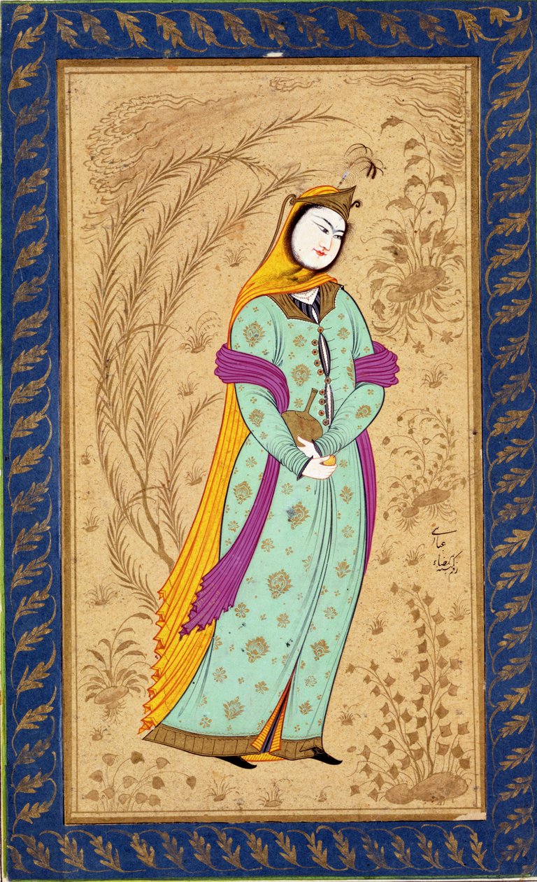 Mädchen mit einem Weingefäß und einer Birne, aus dem Großen Clive-Album von Persian School