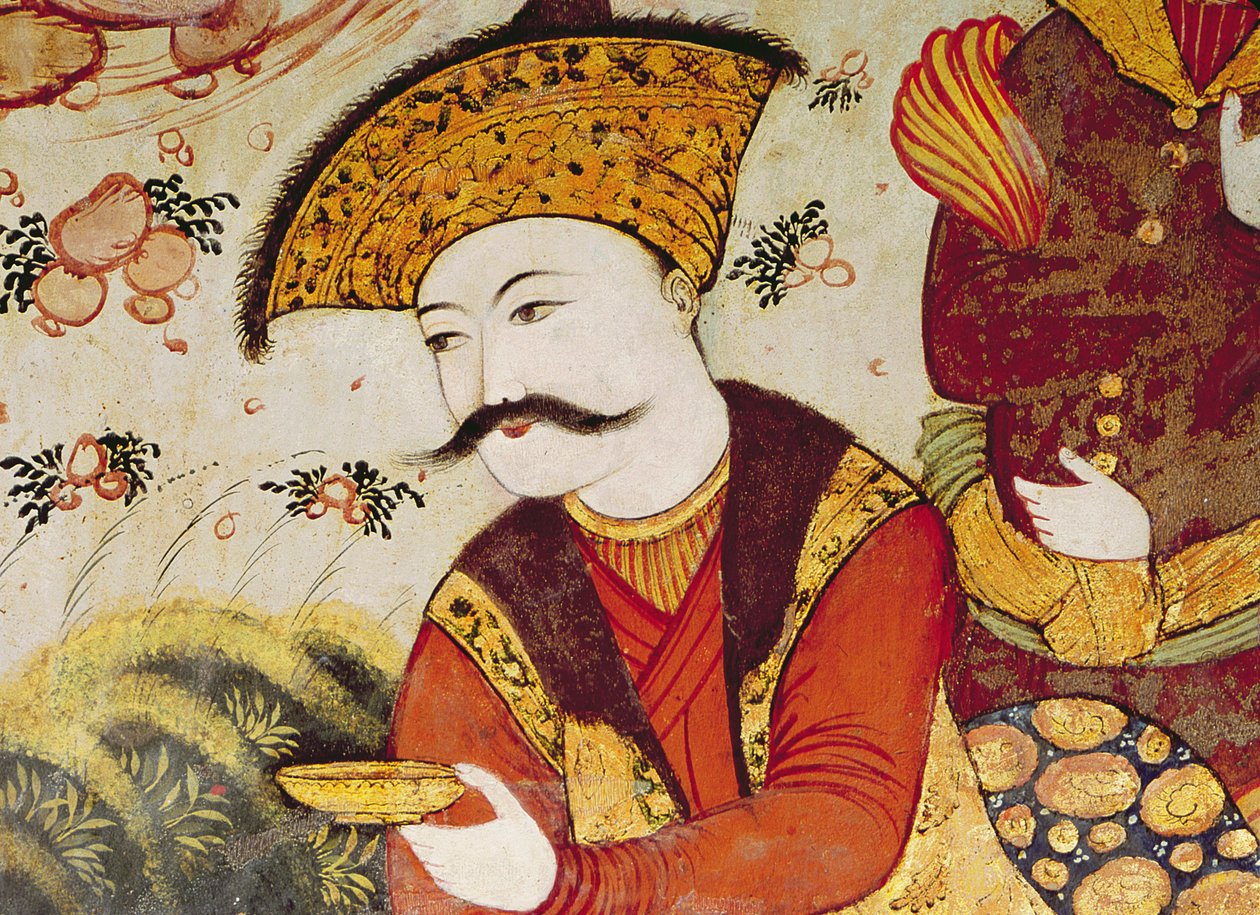 Schah Abbas I. (1588-1629) und ein Höfling, der Obst und Getränke anbietet (Detail) von Persian School