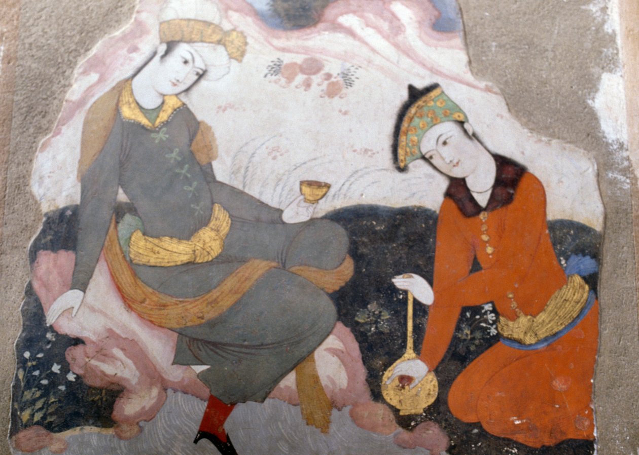 Weibliche Figuren mit Glas und Flasche von Persian School